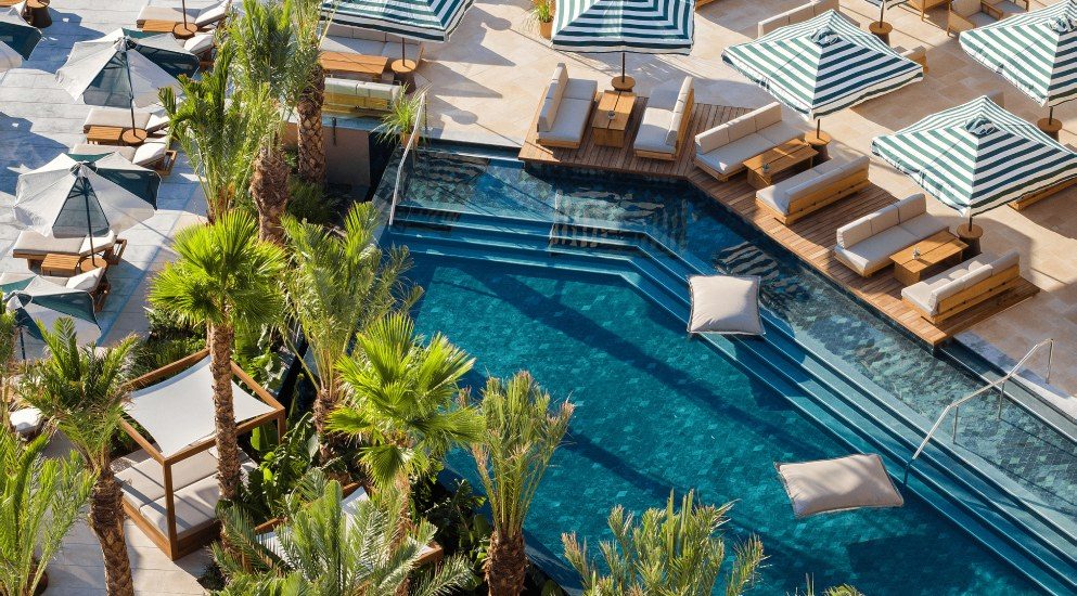 Pool area with floating pillows